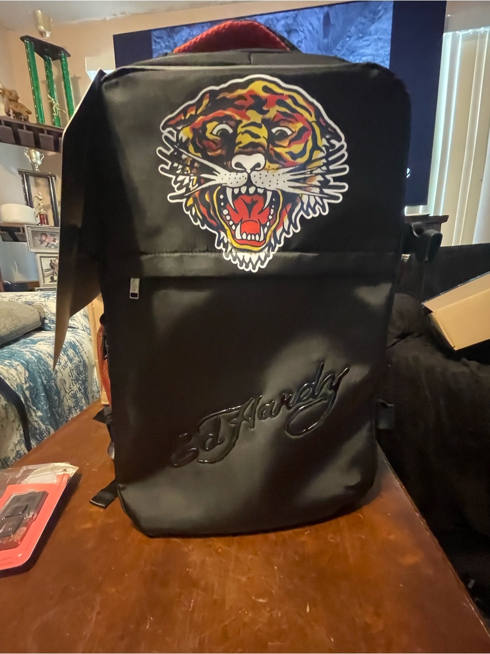 Ed Hardy Black Backpack with Colorful Tiger Patch